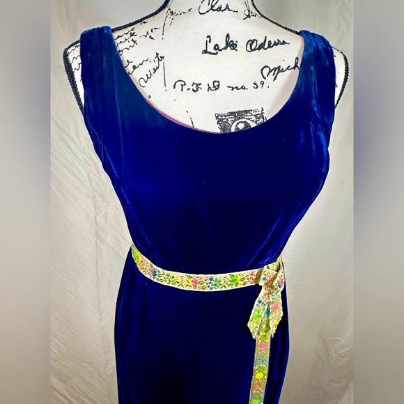 Vintage 1960s Evening Gown Velveteen Custom Dress Women’s Small Cobalt Blue - Picture 3 of 14